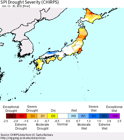 Japan SPI Drought Severity (CHIRPS) Thematic Map For 6/11/2021 - 6/20/2021