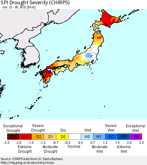Japan SPI Drought Severity (CHIRPS) Thematic Map For 6/21/2021 - 6/30/2021