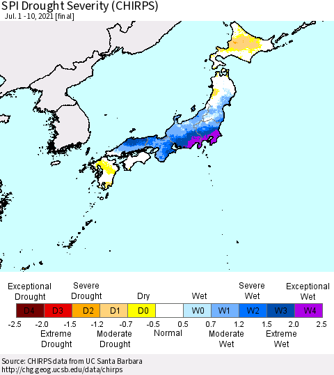 Japan SPI Drought Severity (CHIRPS) Thematic Map For 7/1/2021 - 7/10/2021