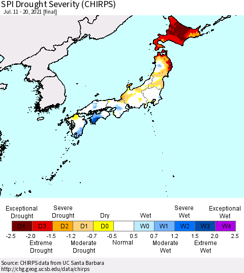 Japan SPI Drought Severity (CHIRPS) Thematic Map For 7/11/2021 - 7/20/2021