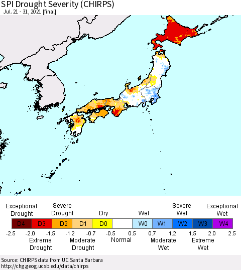 Japan SPI Drought Severity (CHIRPS) Thematic Map For 7/21/2021 - 7/31/2021