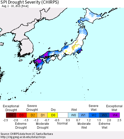 Japan SPI Drought Severity (CHIRPS) Thematic Map For 8/1/2021 - 8/10/2021