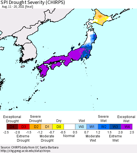 Japan SPI Drought Severity (CHIRPS) Thematic Map For 8/11/2021 - 8/20/2021
