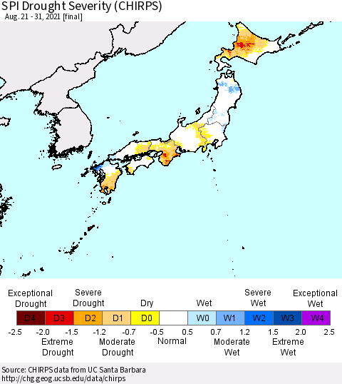 Japan SPI Drought Severity (CHIRPS) Thematic Map For 8/21/2021 - 8/31/2021