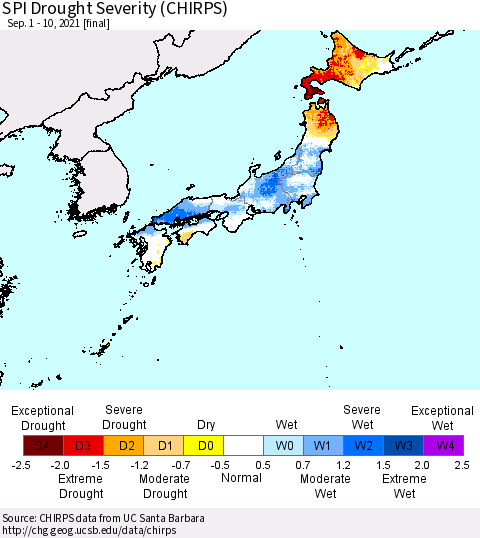 Japan SPI Drought Severity (CHIRPS) Thematic Map For 9/1/2021 - 9/10/2021