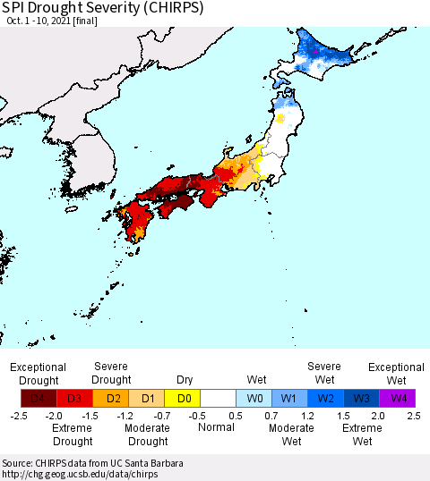 Japan SPI Drought Severity (CHIRPS) Thematic Map For 10/1/2021 - 10/10/2021