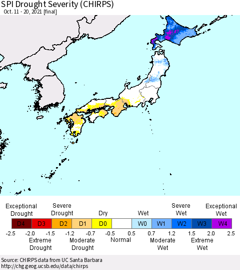 Japan SPI Drought Severity (CHIRPS) Thematic Map For 10/11/2021 - 10/20/2021