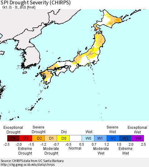 Japan SPI Drought Severity (CHIRPS) Thematic Map For 10/21/2021 - 10/31/2021