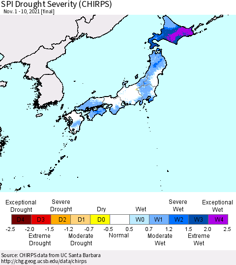 Japan SPI Drought Severity (CHIRPS) Thematic Map For 11/1/2021 - 11/10/2021