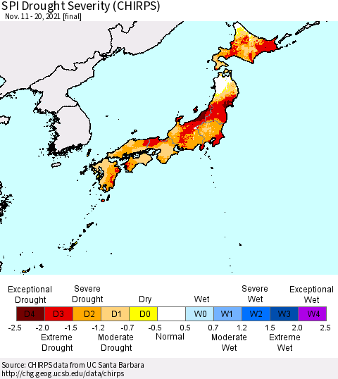 Japan SPI Drought Severity (CHIRPS) Thematic Map For 11/11/2021 - 11/20/2021