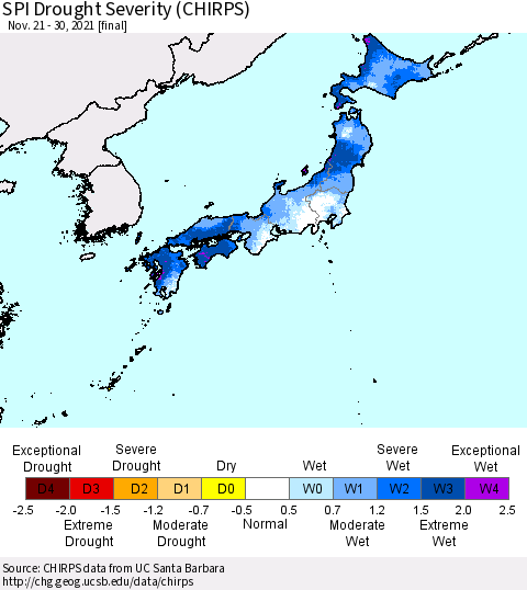 Japan SPI Drought Severity (CHIRPS) Thematic Map For 11/21/2021 - 11/30/2021