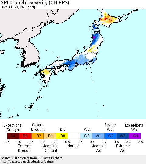 Japan SPI Drought Severity (CHIRPS) Thematic Map For 12/11/2021 - 12/20/2021