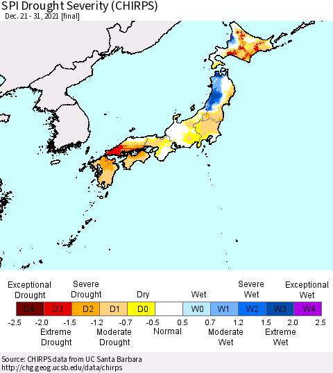 Japan SPI Drought Severity (CHIRPS) Thematic Map For 12/21/2021 - 12/31/2021
