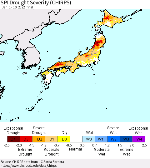 Japan SPI Drought Severity (CHIRPS) Thematic Map For 1/1/2022 - 1/10/2022