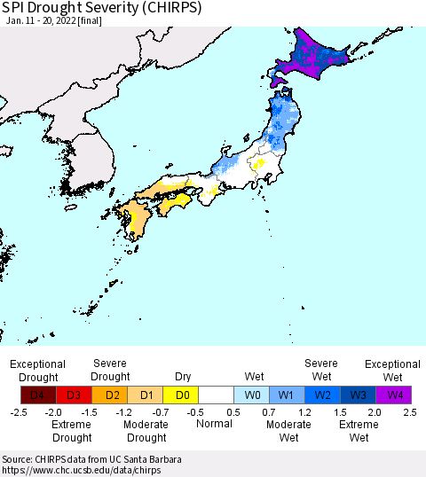Japan SPI Drought Severity (CHIRPS) Thematic Map For 1/11/2022 - 1/20/2022