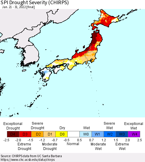 Japan SPI Drought Severity (CHIRPS) Thematic Map For 1/21/2022 - 1/31/2022