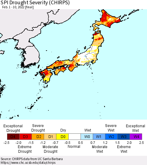 Japan SPI Drought Severity (CHIRPS) Thematic Map For 2/1/2022 - 2/10/2022