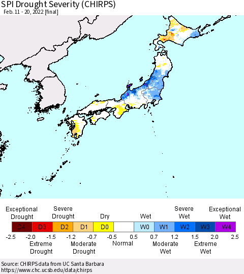Japan SPI Drought Severity (CHIRPS) Thematic Map For 2/11/2022 - 2/20/2022