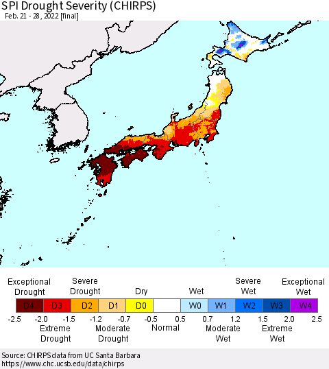 Japan SPI Drought Severity (CHIRPS) Thematic Map For 2/21/2022 - 2/28/2022