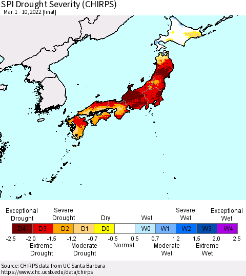 Japan SPI Drought Severity (CHIRPS) Thematic Map For 3/1/2022 - 3/10/2022