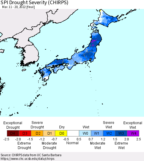 Japan SPI Drought Severity (CHIRPS) Thematic Map For 3/11/2022 - 3/20/2022