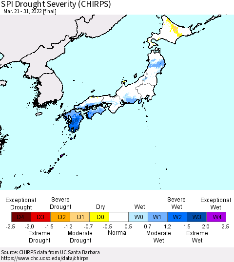 Japan SPI Drought Severity (CHIRPS) Thematic Map For 3/21/2022 - 3/31/2022