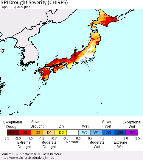 Japan SPI Drought Severity (CHIRPS) Thematic Map For 4/1/2022 - 4/10/2022