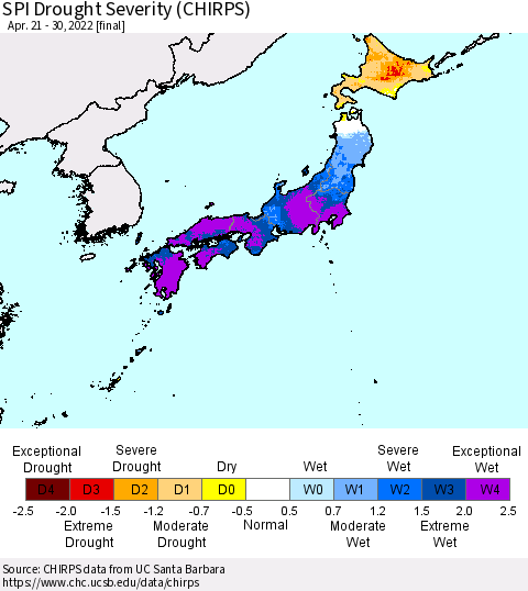 Japan SPI Drought Severity (CHIRPS) Thematic Map For 4/21/2022 - 4/30/2022
