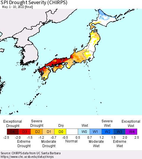 Japan SPI Drought Severity (CHIRPS) Thematic Map For 5/1/2022 - 5/10/2022