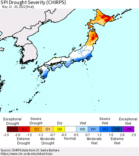 Japan SPI Drought Severity (CHIRPS) Thematic Map For 5/11/2022 - 5/20/2022