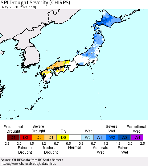 Japan SPI Drought Severity (CHIRPS) Thematic Map For 5/21/2022 - 5/31/2022
