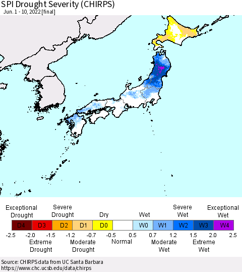 Japan SPI Drought Severity (CHIRPS) Thematic Map For 6/1/2022 - 6/10/2022