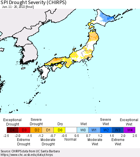 Japan SPI Drought Severity (CHIRPS) Thematic Map For 6/11/2022 - 6/20/2022