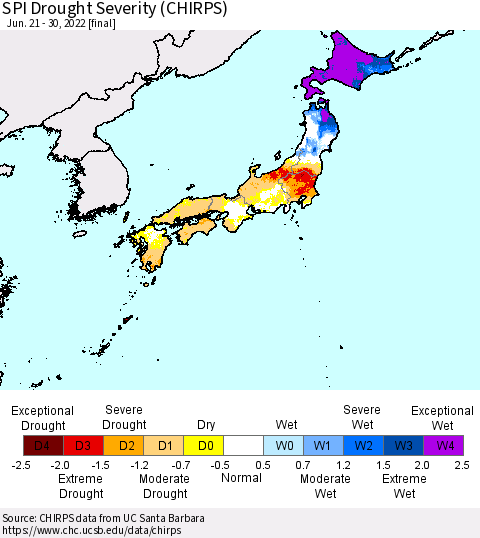Japan SPI Drought Severity (CHIRPS) Thematic Map For 6/21/2022 - 6/30/2022