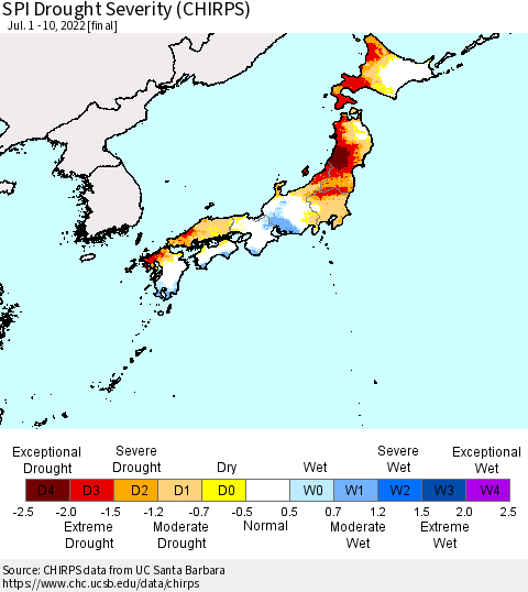 Japan SPI Drought Severity (CHIRPS) Thematic Map For 7/1/2022 - 7/10/2022