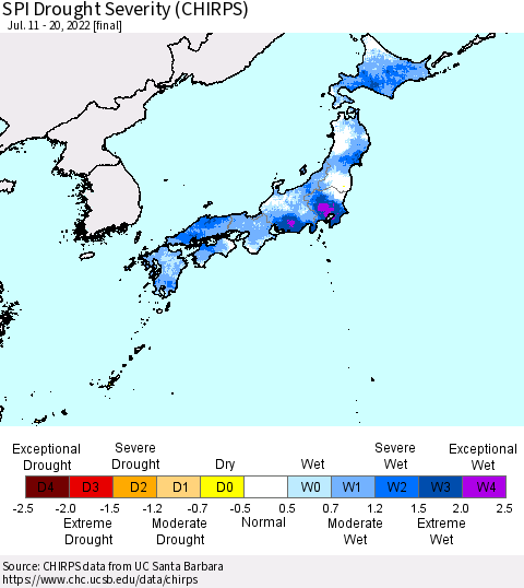 Japan SPI Drought Severity (CHIRPS) Thematic Map For 7/11/2022 - 7/20/2022