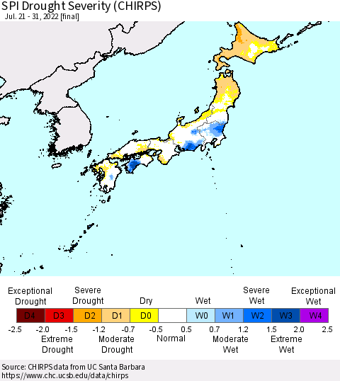 Japan SPI Drought Severity (CHIRPS) Thematic Map For 7/21/2022 - 7/31/2022