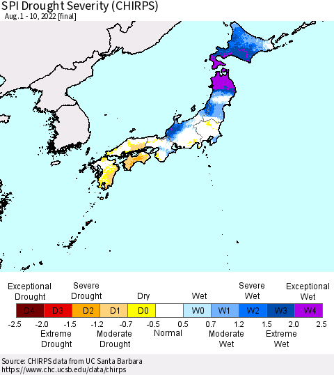 Japan SPI Drought Severity (CHIRPS) Thematic Map For 8/1/2022 - 8/10/2022