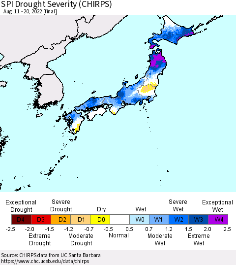 Japan SPI Drought Severity (CHIRPS) Thematic Map For 8/11/2022 - 8/20/2022