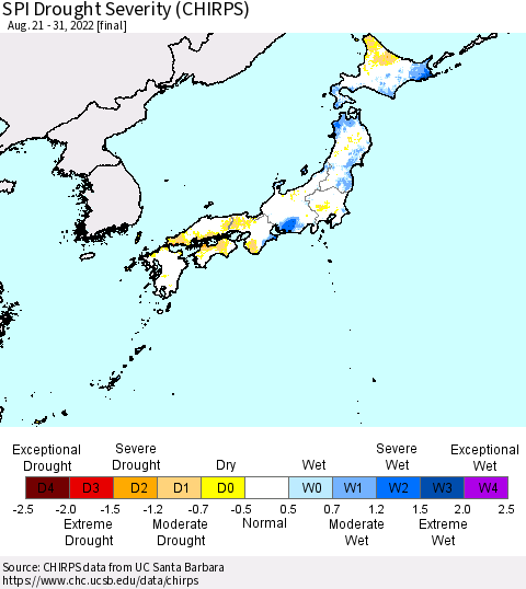 Japan SPI Drought Severity (CHIRPS) Thematic Map For 8/21/2022 - 8/31/2022
