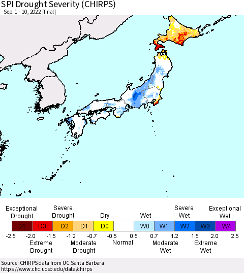 Japan SPI Drought Severity (CHIRPS) Thematic Map For 9/1/2022 - 9/10/2022
