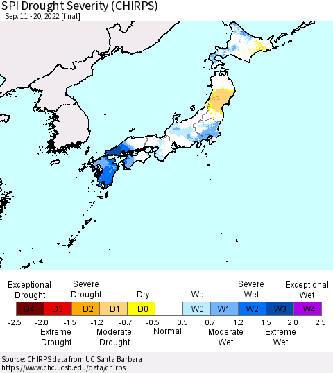 Japan SPI Drought Severity (CHIRPS) Thematic Map For 9/11/2022 - 9/20/2022