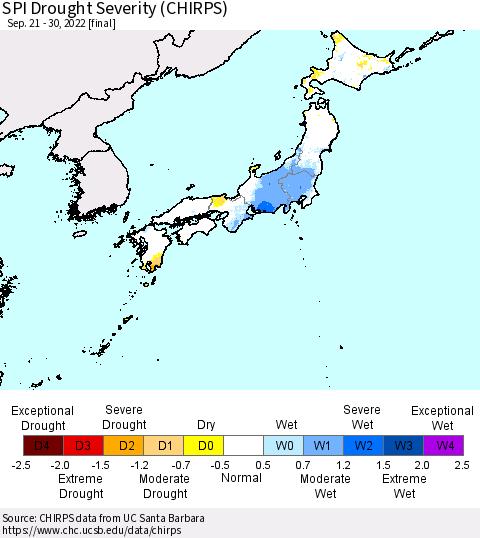Japan SPI Drought Severity (CHIRPS) Thematic Map For 9/21/2022 - 9/30/2022