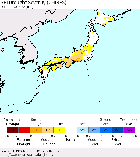 Japan SPI Drought Severity (CHIRPS) Thematic Map For 10/11/2022 - 10/20/2022