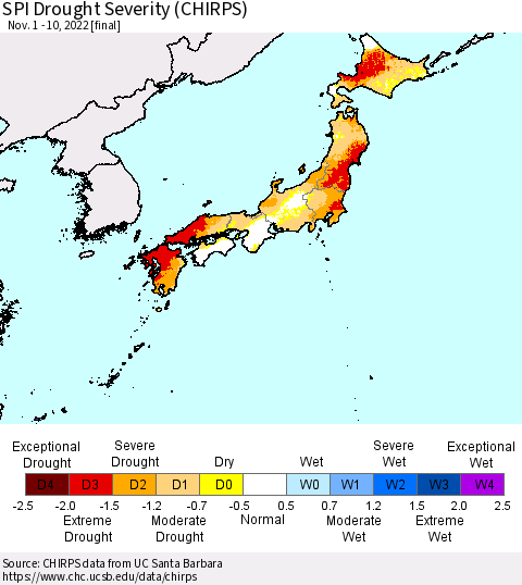 Japan SPI Drought Severity (CHIRPS) Thematic Map For 11/1/2022 - 11/10/2022
