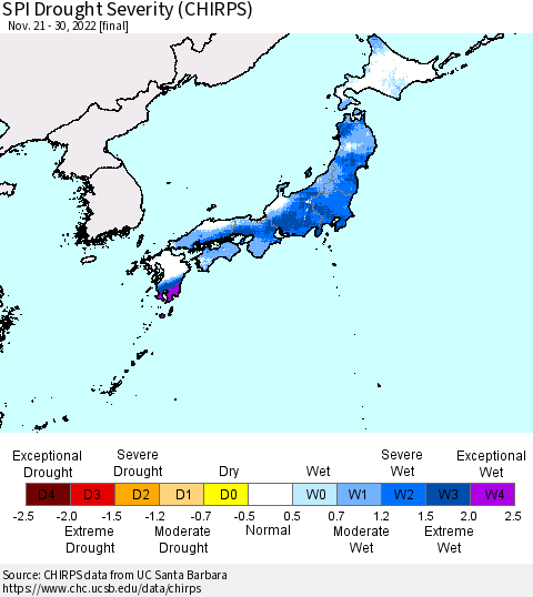 Japan SPI Drought Severity (CHIRPS) Thematic Map For 11/21/2022 - 11/30/2022