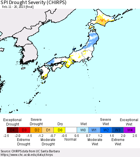 Japan SPI Drought Severity (CHIRPS) Thematic Map For 2/11/2023 - 2/20/2023