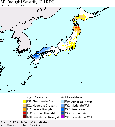 Japan SPI Drought Severity (CHIRPS) Thematic Map For 7/1/2023 - 7/10/2023