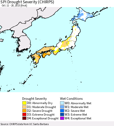 Japan SPI Drought Severity (CHIRPS) Thematic Map For 10/11/2023 - 10/20/2023