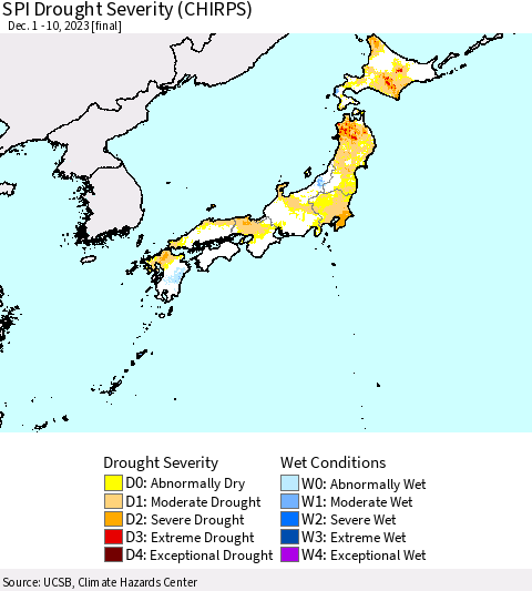 Japan SPI Drought Severity (CHIRPS) Thematic Map For 12/1/2023 - 12/10/2023